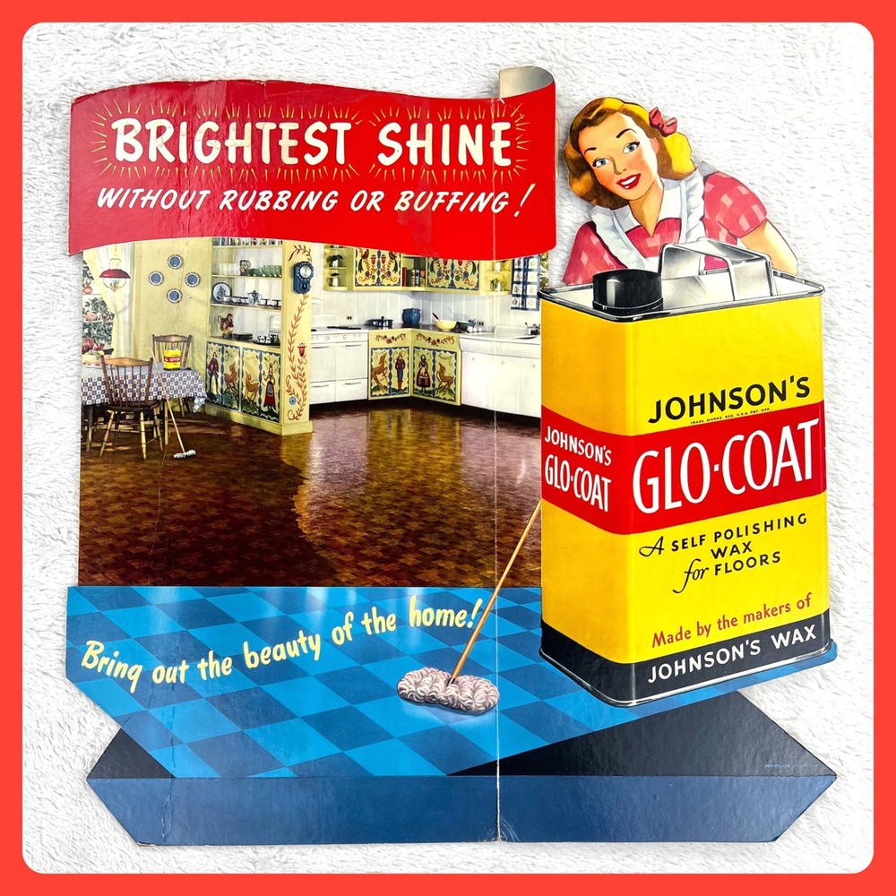 1940s Johnson Glo-Coat Wax Vintage Advertising Sign‎ 21" Cardboard MCM Kitchen